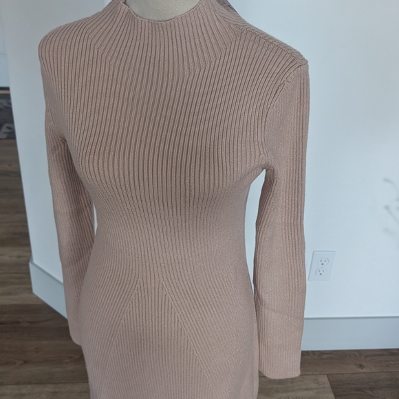 Mock Neck Ribbed Long Sleeve Midi Dress - Blush - Picture 3 of 14